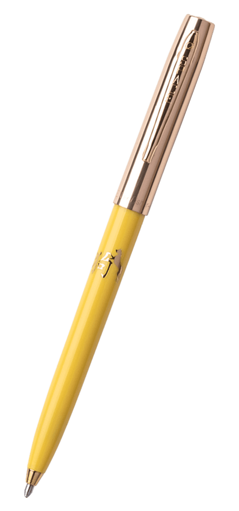 Cap-o-matic space pen with yellow plastic barrel, gold colored cap with clip, gold colored tip, and imprinted gold Chinese character and dog.