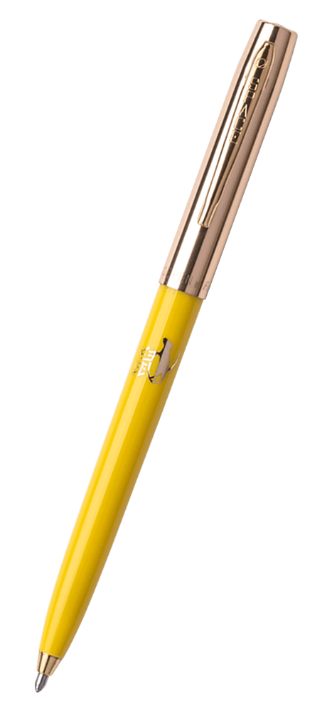 Cap-o-matic space pen with yellow plastic barrel, gold colored cap with clip, gold colored tip, and imprinted gold Chinese character and rat.